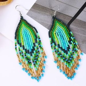 Handmade Beaded Colorful Fringe Earrings in Green Rainbow Chevron